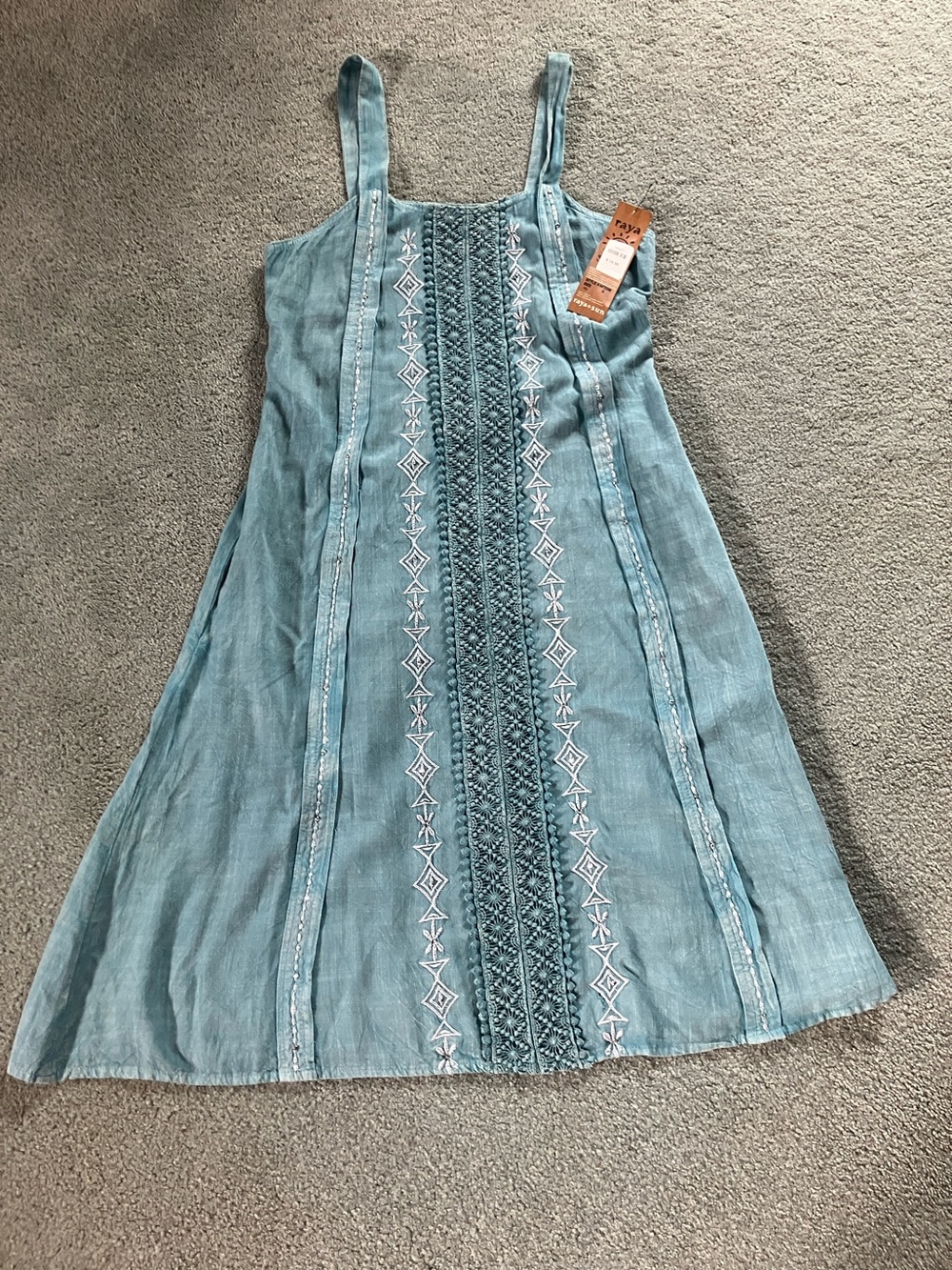 raya sun Teal-Blue Embroidered Strappy Midi Dress